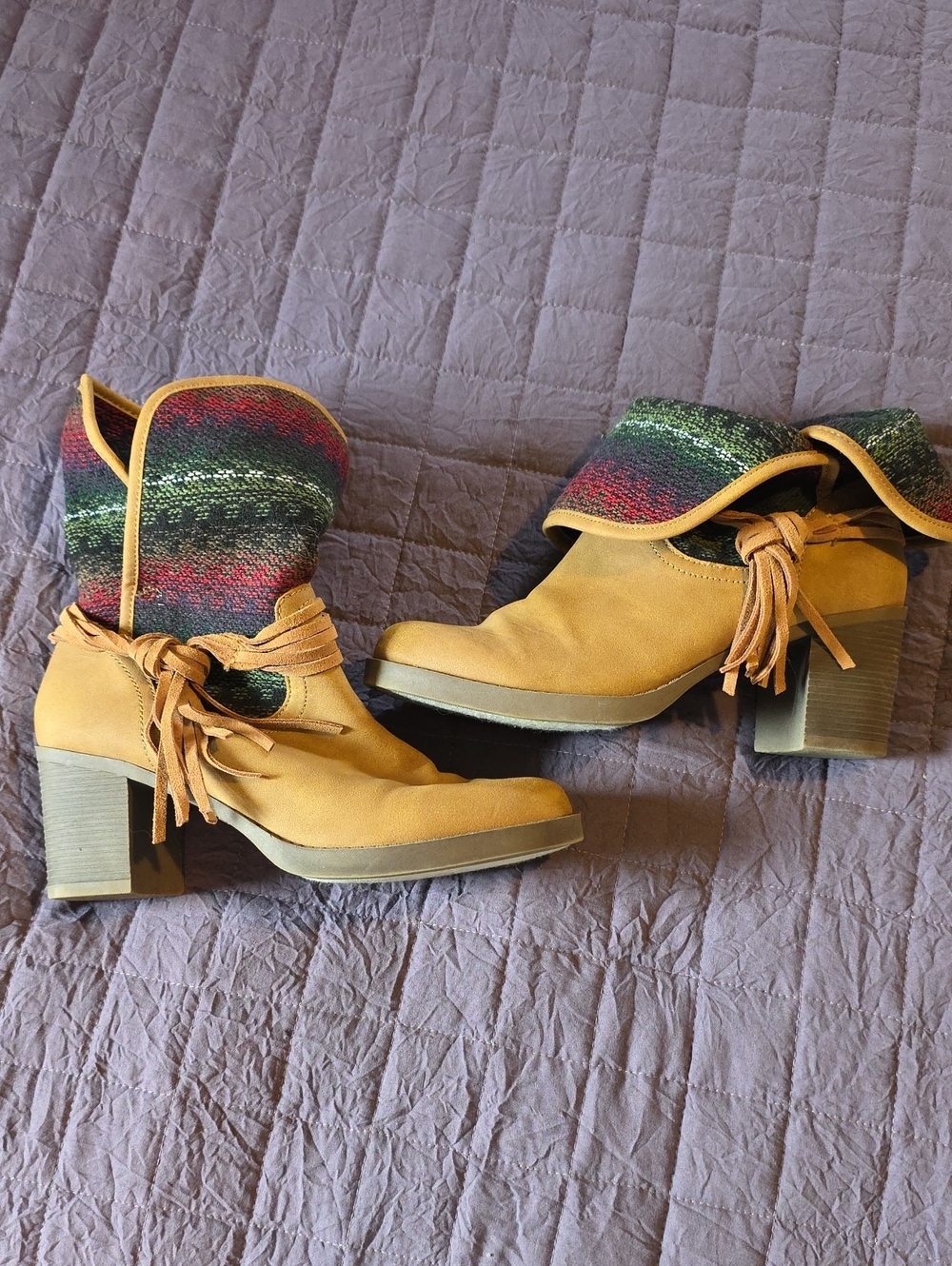 Sugar Tan Suede Fold-Over Ankle Boots with Multicolor Knit Cuff